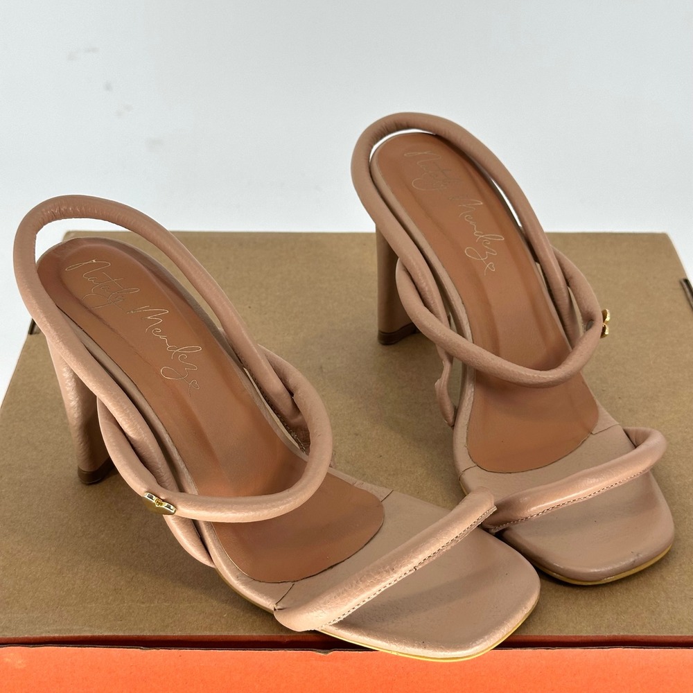 Nataly‎ Mendez Nude Beige Strappy Sandal 3" Heels Open Square Toe 36
